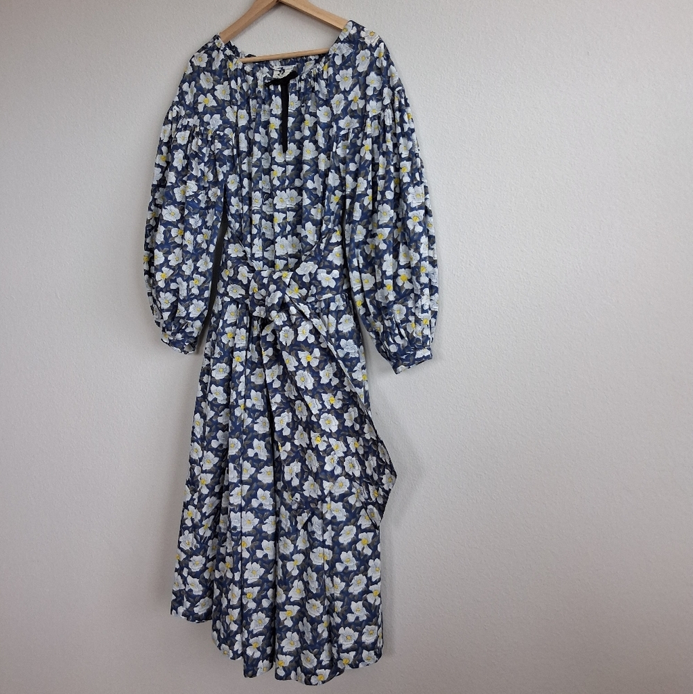 Aish Floral Block Print Balloon Sleeve Cotton Belted Maxi Dress - Picture 2 of 15